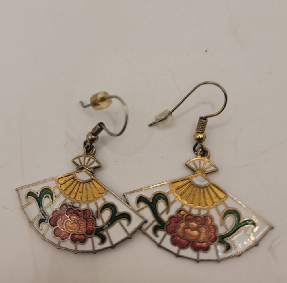 Vintage Fan-Shaped Enamel Cloisonné Gold Tone Floral Hook Earrings